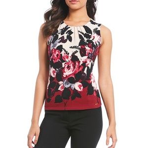 Calvin Klein Sleeveless Pleat Neck Floral Blouse